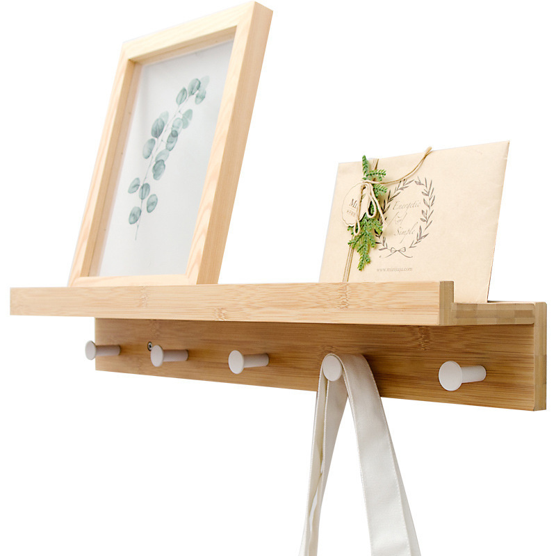 Bamboo Wall Mounted Hanging Entryway Shelf Wall storage with Different Hooks Natural Color