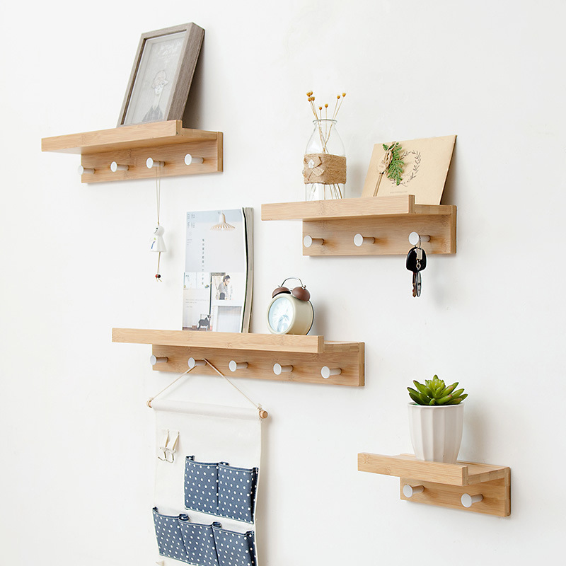 Bamboo Wall Mounted Hanging Entryway Shelf Wall storage with Different Hooks Natural Color