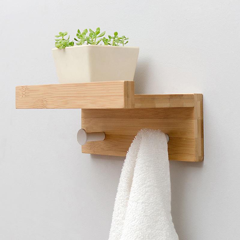 Bamboo Wall Mounted Hanging Entryway Shelf Wall storage with Different Hooks Natural Color