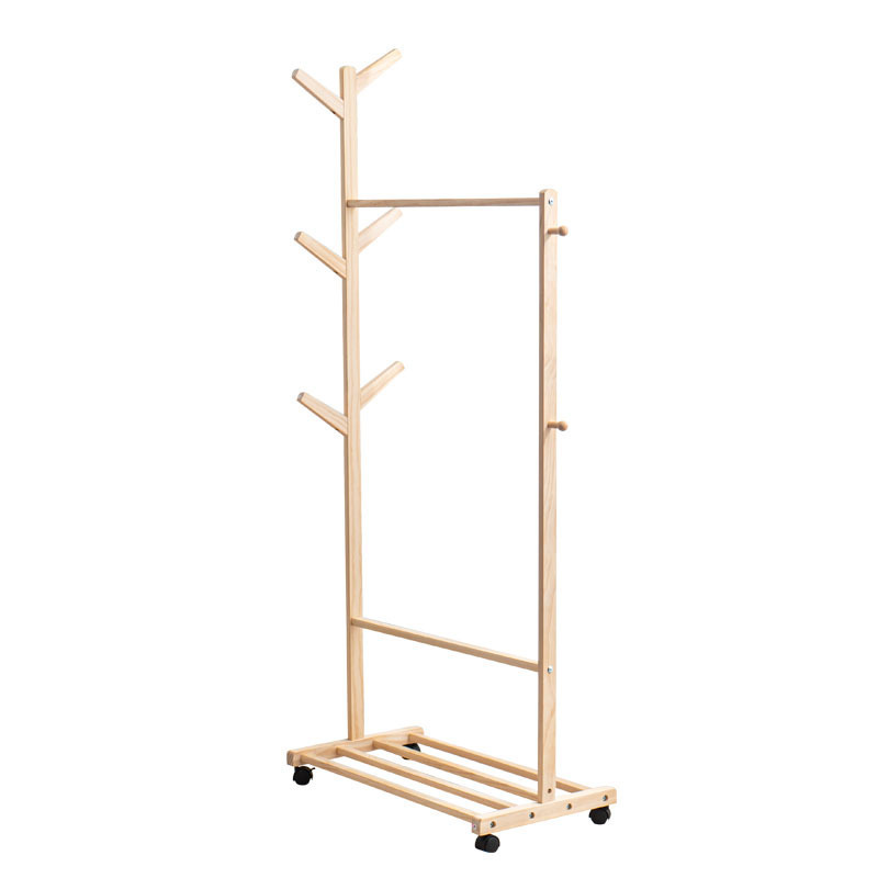 OWNSWING High Quality Simple Two Shelf Shoe Rack Wheeled Wood Clothing Rack Clothes Standing Coat Rack