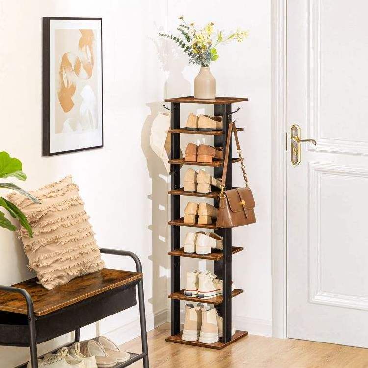 OWNSWING 8 Tier Shoe Storage Organizer Shelf Display Stands Bamboo Wood Shoes Stand Rack With 2 Hooks