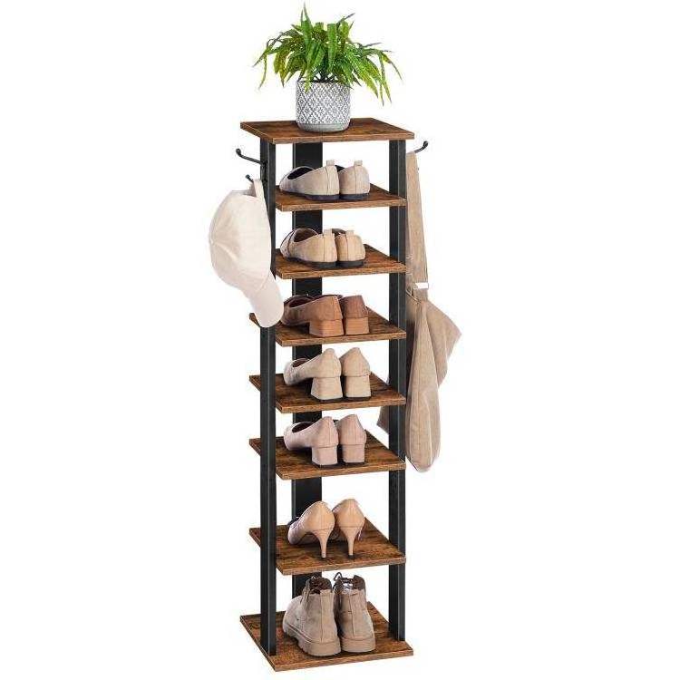 OWNSWING 8 Tier Shoe Storage Organizer Shelf Display Stands Bamboo Wood Shoes Stand Rack With 2 Hooks