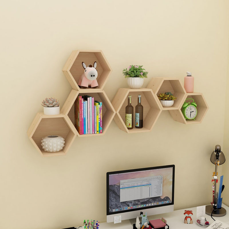 Wood Wall Mounted Hexagon Storage Rack Book Shelf TV Background Hanger Bedroom Balcony Bedside Flower Pot Stand Shelves