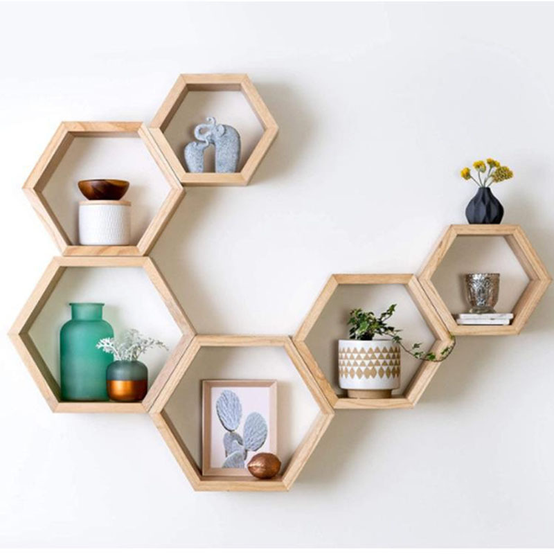 Wood Wall Mounted Hexagon Storage Rack Book Shelf TV Background Hanger Bedroom Balcony Bedside Flower Pot Stand Shelves