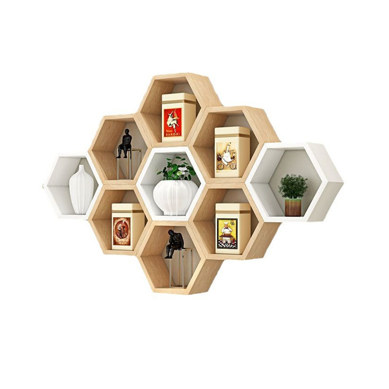 Wood Wall Mounted Hexagon Storage Rack Book Shelf TV Background Hanger Bedroom Balcony Bedside Flower Pot Stand Shelves