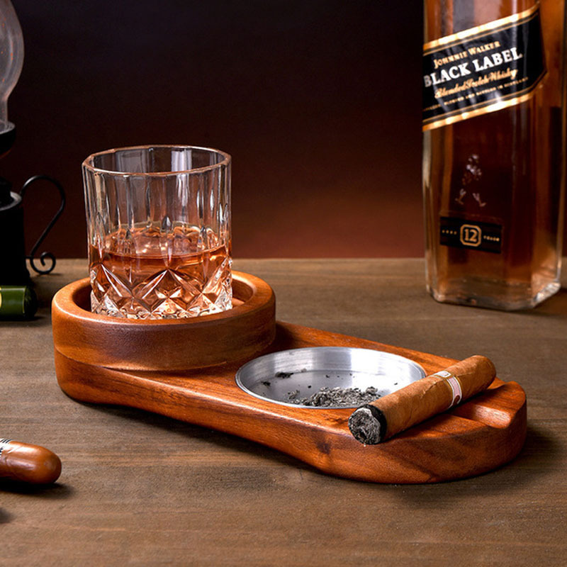 Wooden Cigar Ashtray Wood Solid Cigar Ashtray Whiskey Glass Tray and Cigar Holder, Cigar Slot/Tray, Cigar Whiskey Accessory Set