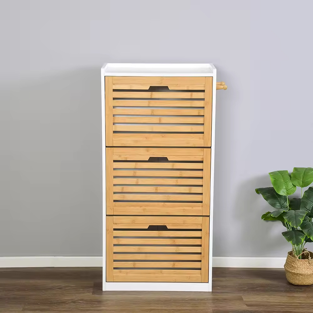 OWNSWING Bamboo Shoe Rack Wooden Shoes Flip Drawer Shoes Storage Cabinet Organizer