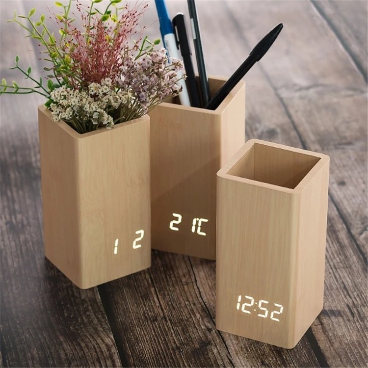 Simple Modern Electronic Temperature Digital Desktop Solid Wooden Pen Holder with Led Alarm Clock For Office Home