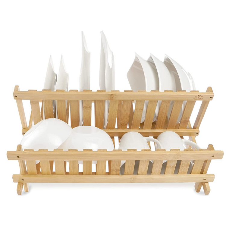 Customize Cheap Bamboo Collapsible Dish Drying Rack 2 Tier Dish Drainer Kitchen Organizer Holder Shelf