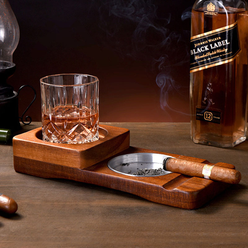 Wooden Cigar Ashtray Wood Solid Cigar Ashtray Whiskey Glass Tray and Cigar Holder, Cigar Slot/Tray, Cigar Whiskey Accessory Set