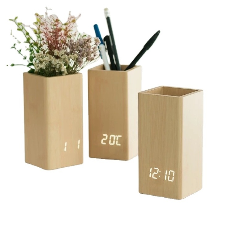 Simple Modern Electronic Temperature Digital Desktop Solid Wooden Pen Holder with Led Alarm Clock For Office Home