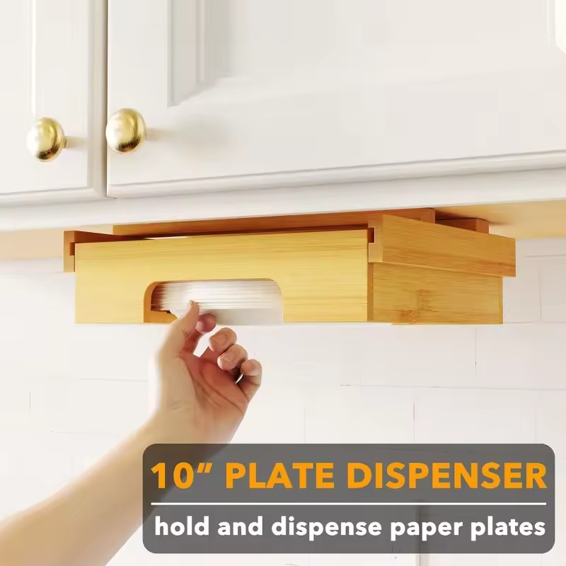 Ownswing Kitchen Counter Vertical Paper Plate Dispenser Holders Under Cabinet Bamboo Wooden 10-inch Plates Storage Rack