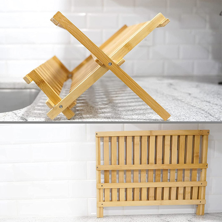 Customize Cheap Bamboo Collapsible Dish Drying Rack 2 Tier Dish Drainer Kitchen Organizer Holder Shelf