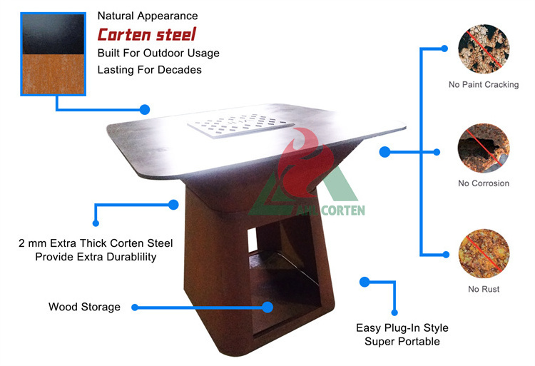 Outdoor barbeque charcoal grill oven rusted corten steel BBQ fire pit