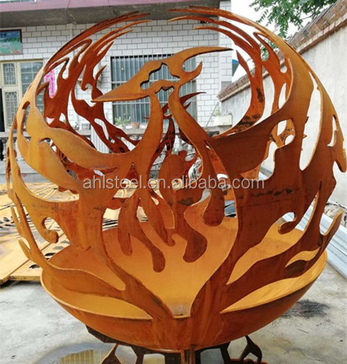 Corten steel metal dragon pattern globe fire pit for garden treasure