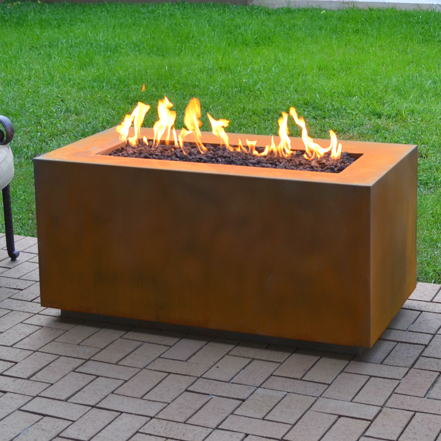 modern metal garden furniture and firepit outdoor corten steel backyard propane gas fire pit table