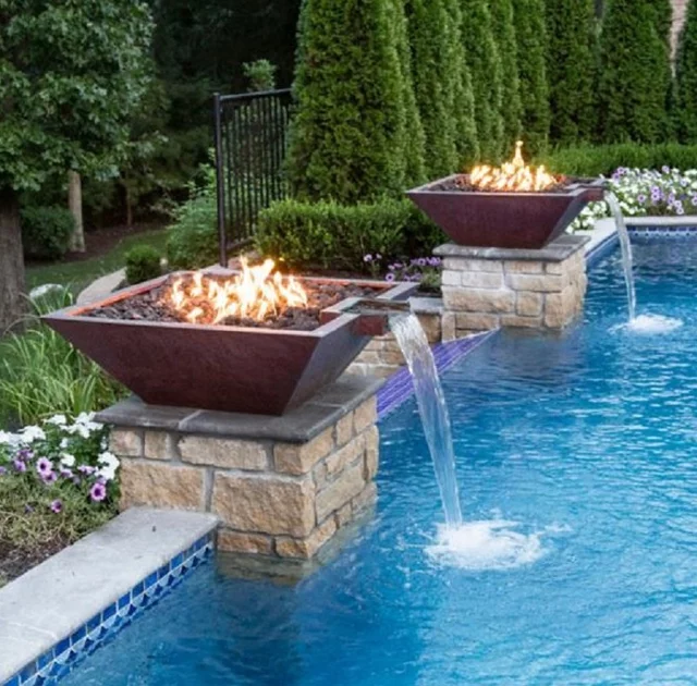 Decorative black stainless steel gas pool water heater outdoor fire fountain gas fire bowl