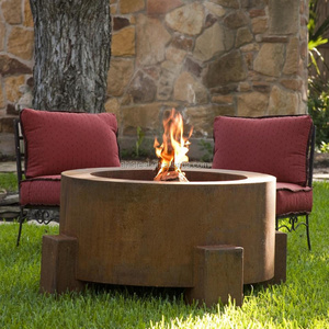 30" Round Cor-Ten Steel Glass Media/Lava Rock Firepit with Propane Gas Fire Ring