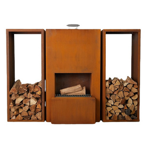 Home garden metal wood fireplace with chimney and wood storage smoker Big BBQ grill fire pit