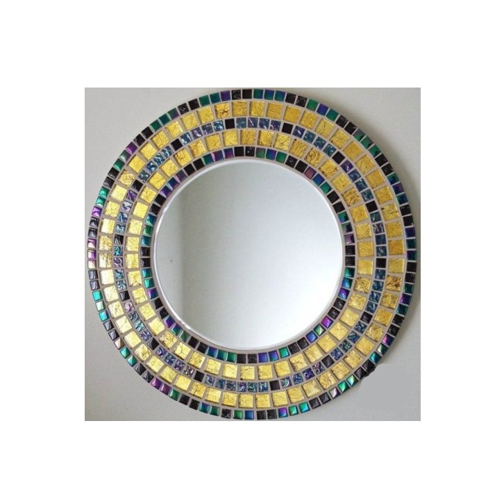 Handmade Mosaic Mirror glass Wall Mounted Mirror Round Yellow & blue Mosaic Mirror Frame  for Bedroom Hotel Restaurant Wedding