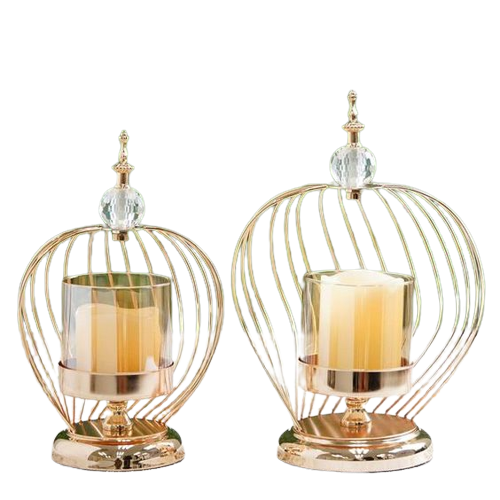 Handmade Heart shape hurricane candle holder lantern Gold Metal Cage Glass Votive Candle Holder Stand Centerpiece