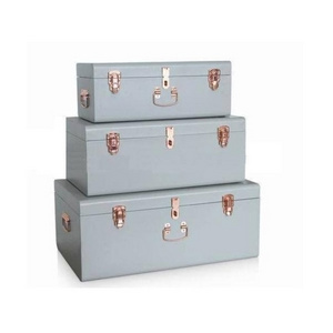 Galvanized Dark Grey Storage Trunk set of 3 Storage Steel Metal Trunk Box Set with Rose Gold Handles for Home Decoration