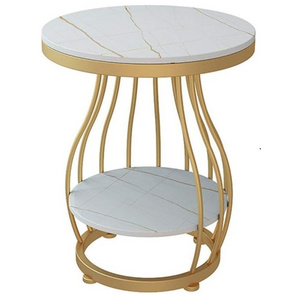 Round Coffee Table with Storage Shelf Side Table for Small Space Easy Assembly Accent Furniture with Metal Frame-Golden White