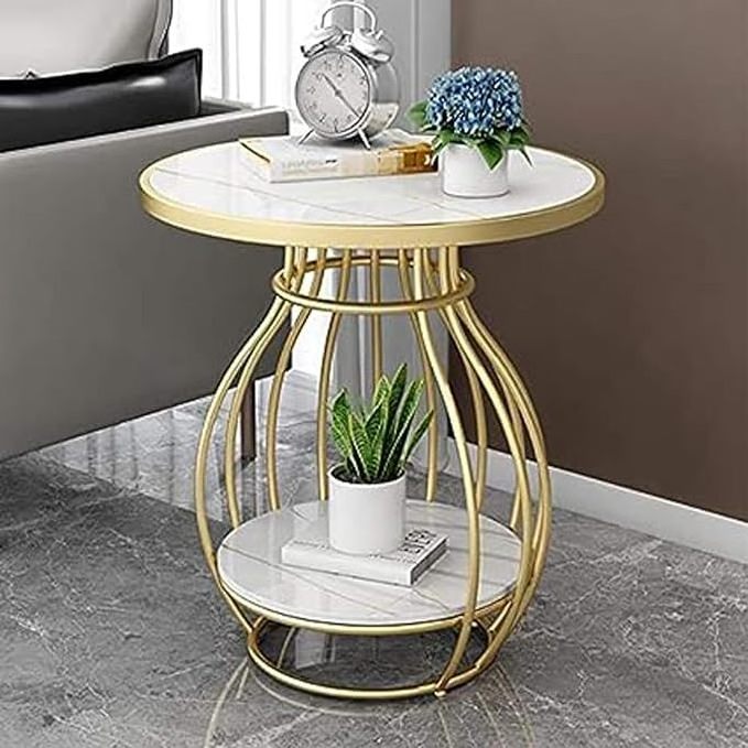 Round Coffee Table with Storage Shelf Side Table for Small Space Easy Assembly Accent Furniture with Metal Frame-Golden White