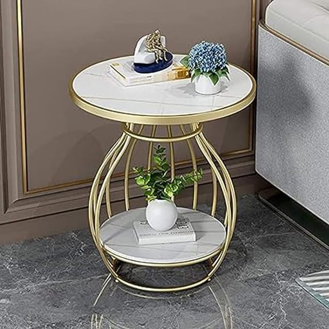 Round Coffee Table with Storage Shelf Side Table for Small Space Easy Assembly Accent Furniture with Metal Frame-Golden White