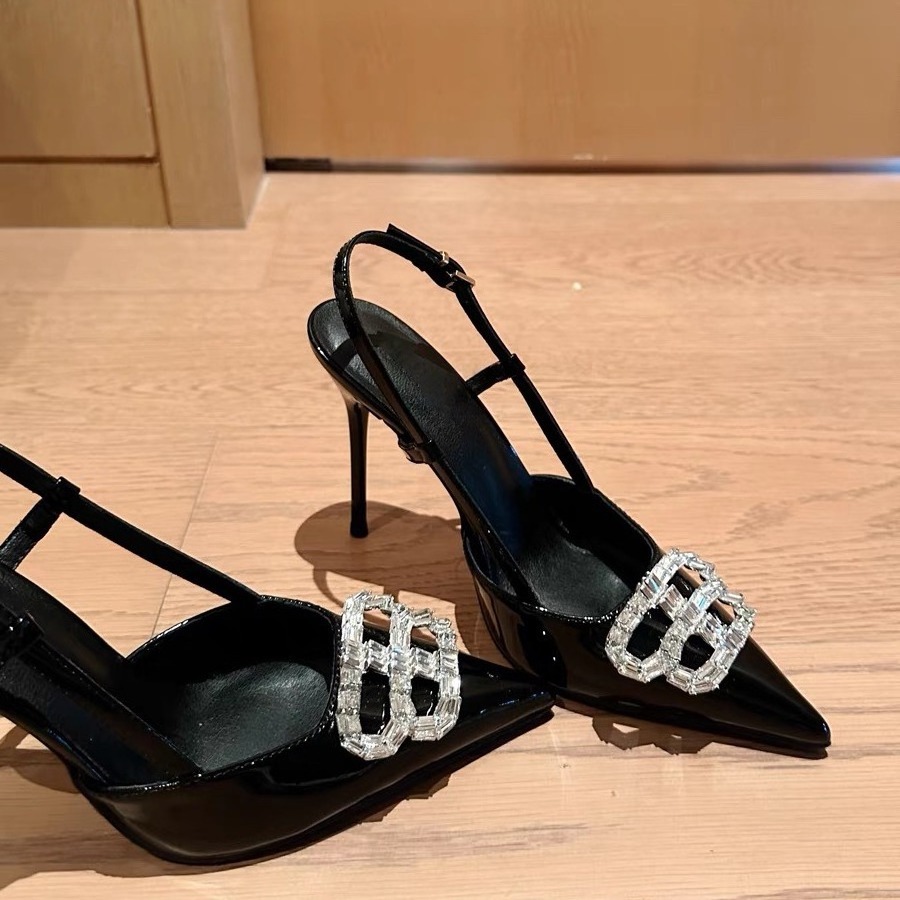 2024 new summer pointy diamond B-buckle black high heels sexy after empty line with stiletto sandals women