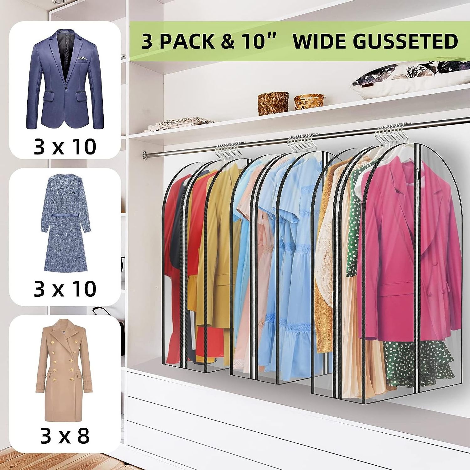 Gusseted All Clear Garment Bags for Hanging Clothes Suit Bags for Storage of Coats Garment Cover with zipper