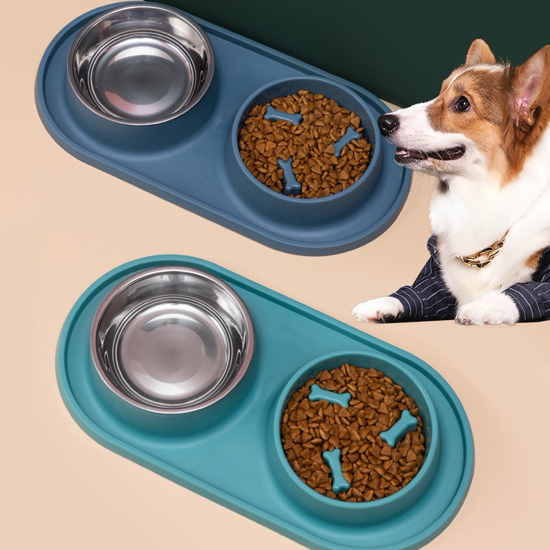 New Stainless Steel Pet Bowl Slow Feed Dog Food Bowl with Non-Skid Silicone Mat