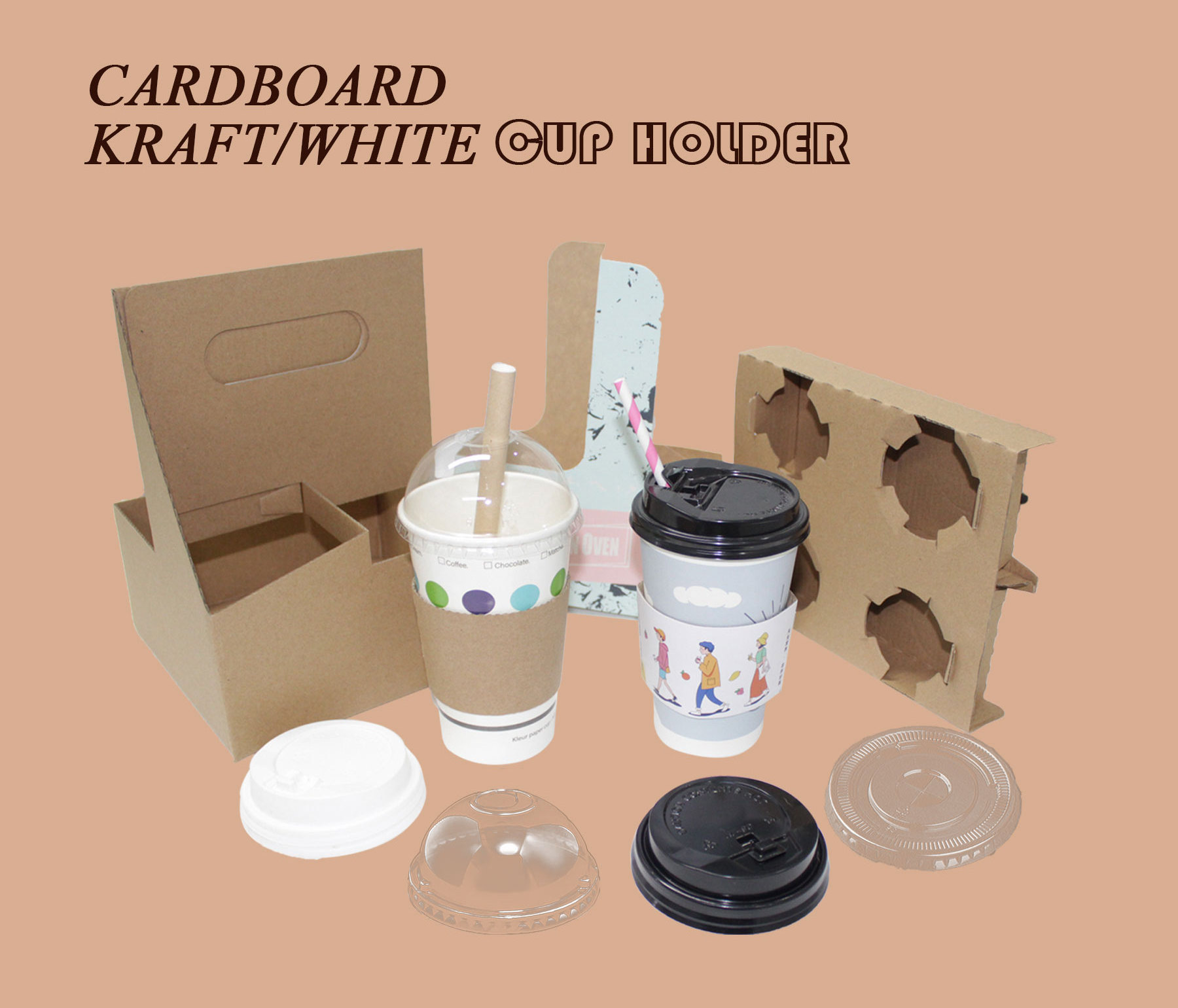 Bio-degradable Customized Take Away Hot Drink Coffee Tea Cup Holder With Handle Kraft Paper Cup Holder