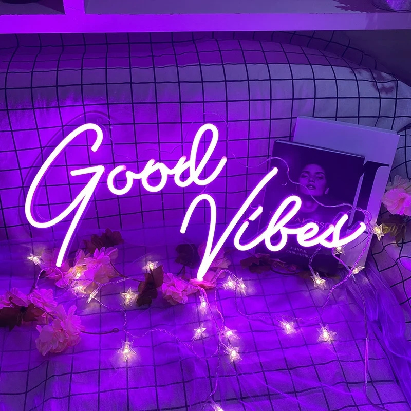 Good Vibes Neon Signs Led Flex Logo Letters For Bedroom China Wholesale Custom Lights Only Man Hands Cave Name Board For Wall