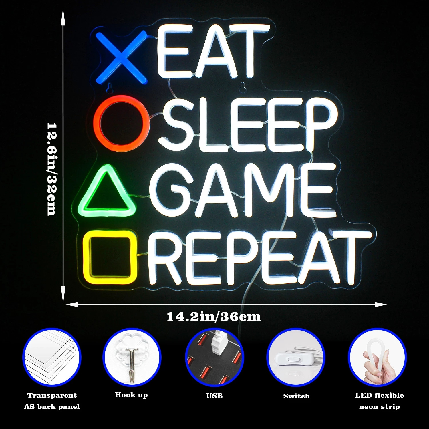 EAT SLEEP GAME REPEAT Neon Sign Led Party Lights Vibe Aesthetic Personalised Gamer Room Art Wall Decoration