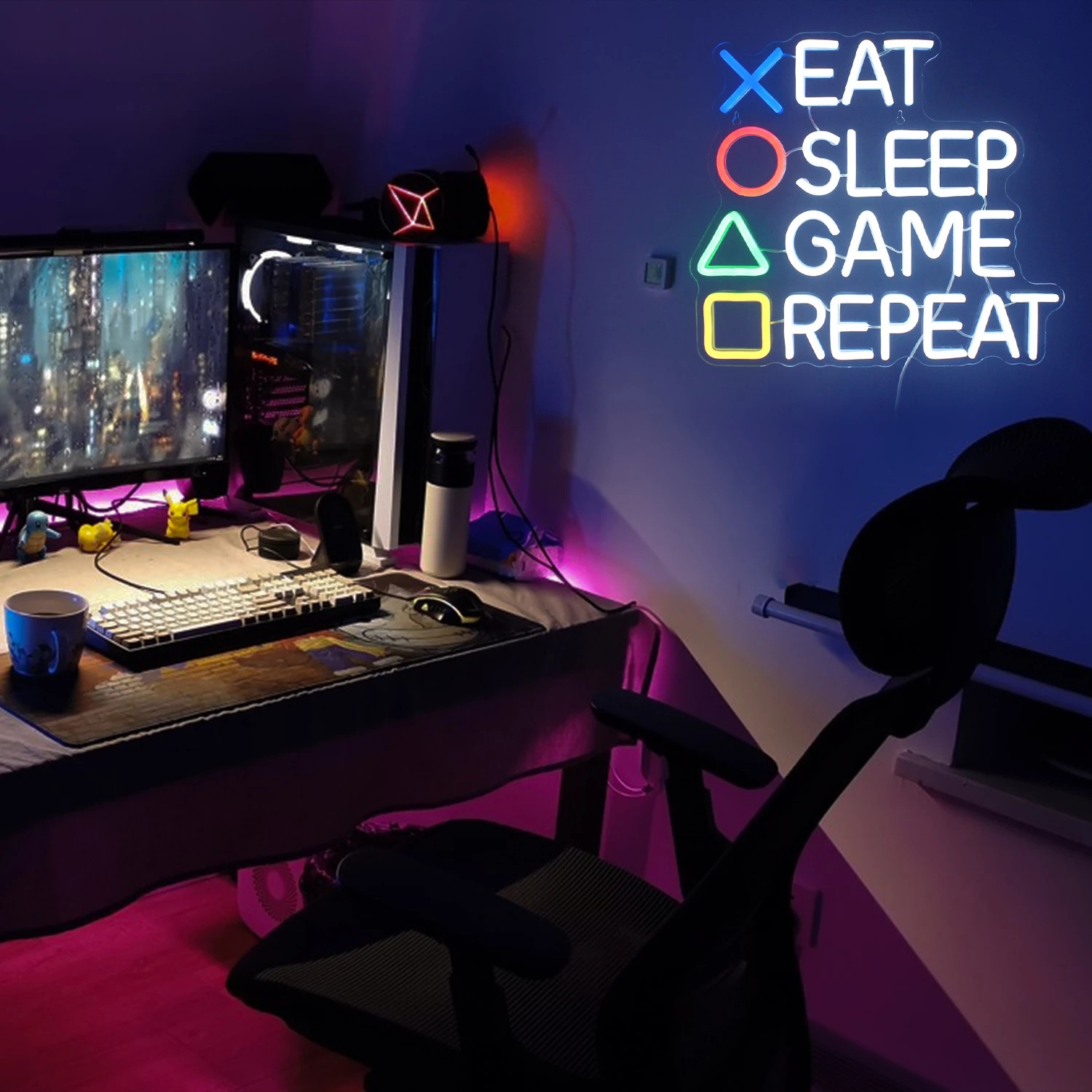 EAT SLEEP GAME REPEAT Neon Sign Led Party Lights Vibe Aesthetic Personalised Gamer Room Art Wall Decoration