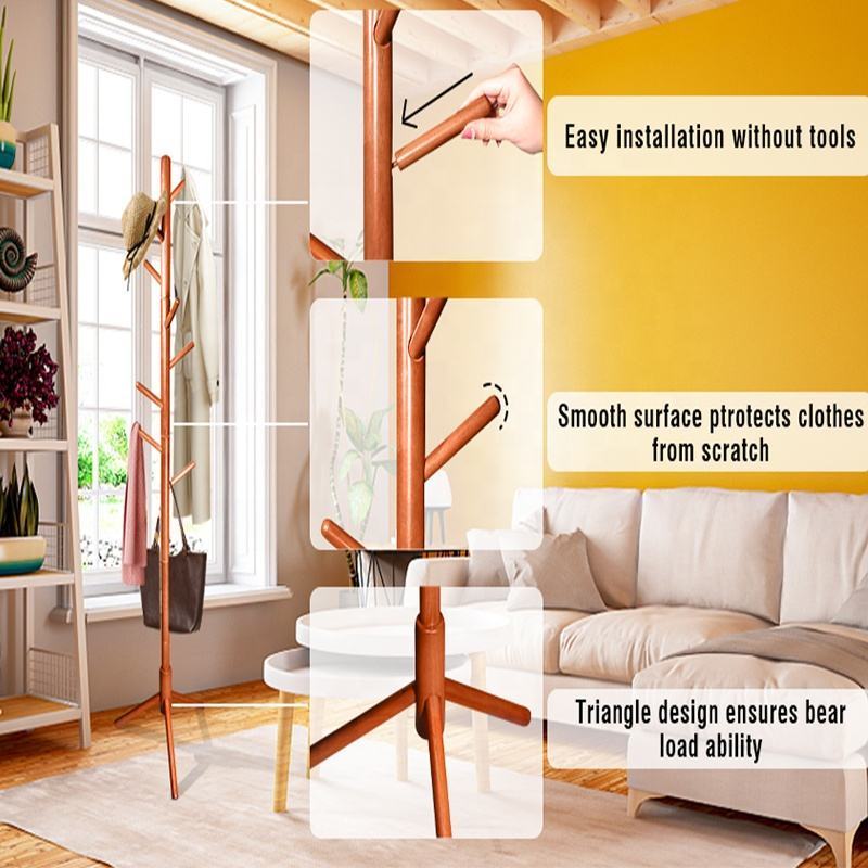 Wooden Tree Coat Rack with 3 Adjustable Sizes 8 Hooks Easy Assembly Free Standing Solid Coat Hanger Stand