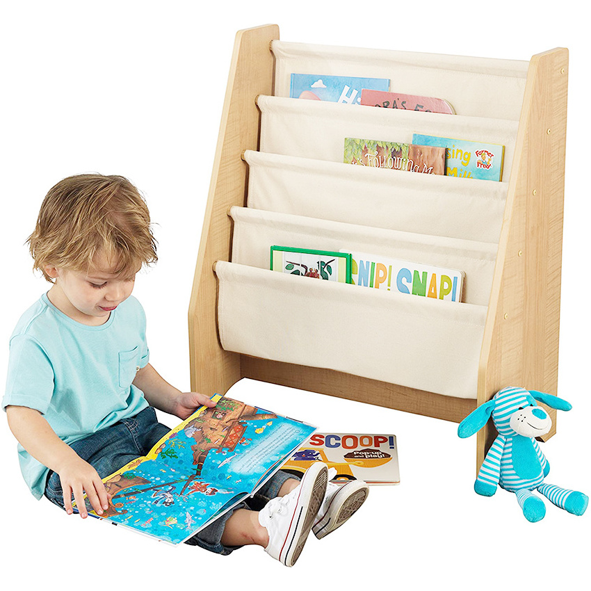 Nursery Kids Sling Bookshelf Wood And Canvas Sling Book Organizer Bookcase For Montessori Classroom Home