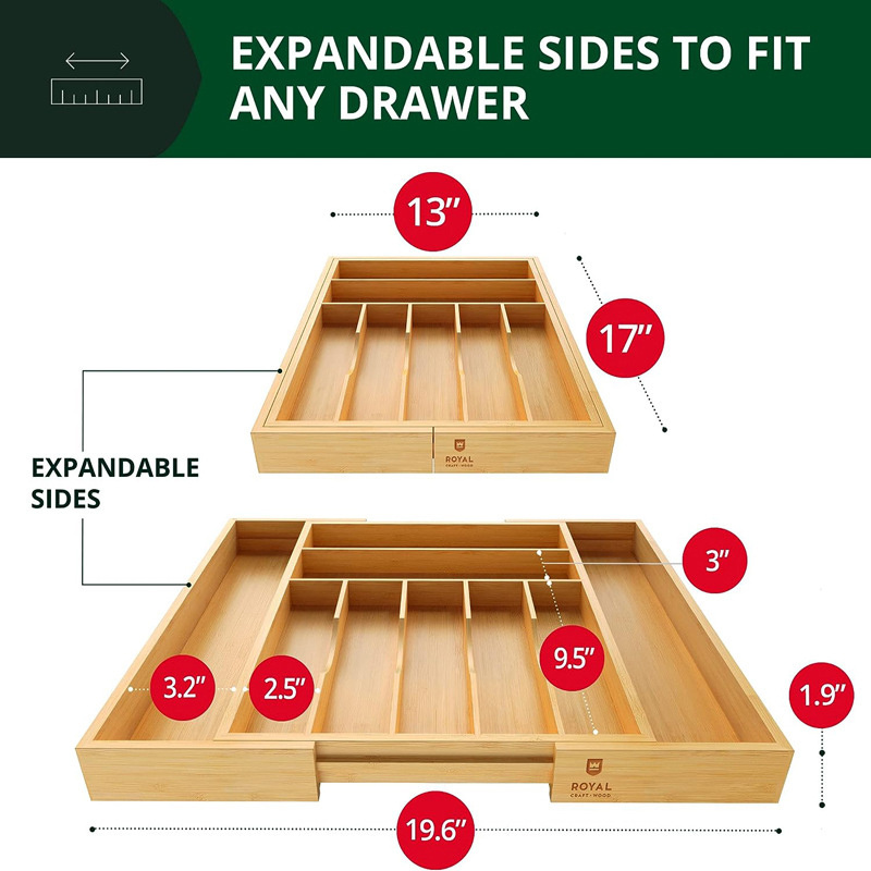 Kitchen Wood Bamboo Expandable Adjustable Cutlery Tray Drawer Organizer Cutlery Utensil Organizer