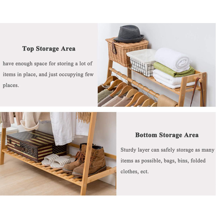 Good Quality Bamboo Garment Coat Clothes Hanging Heavy Duty Rack With Top Shelf And Shoe Clothing Storage Organizer Shelves