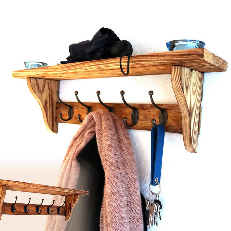 Wholesale Wooden Wall Shelf Floating With Cloth Hook Entryway Organizer Coat Hooks key Rack