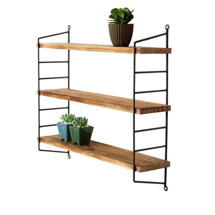 China Iron Wood Shelf Craft 3 Tiers Black Metal Wire Wall Mounted Storage Floating Shelf Rack For Display