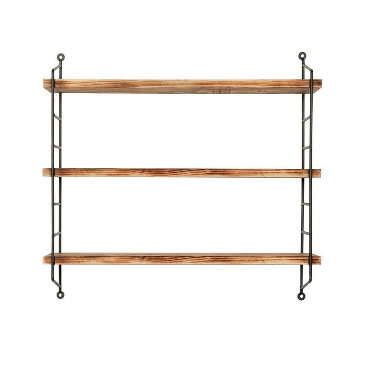 China Iron Wood Shelf Craft 3 Tiers Black Metal Wire Wall Mounted Storage Floating Shelf Rack For Display