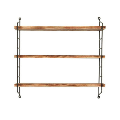 China Iron Wood Shelf Craft 3 Tiers Black Metal Wire Wall Mounted Storage Floating Shelf Rack For Display