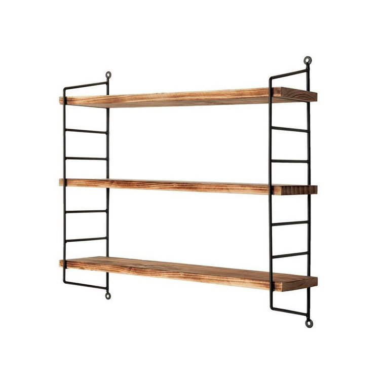 China Iron Wood Shelf Craft 3 Tiers Black Metal Wire Wall Mounted Storage Floating Shelf Rack For Display