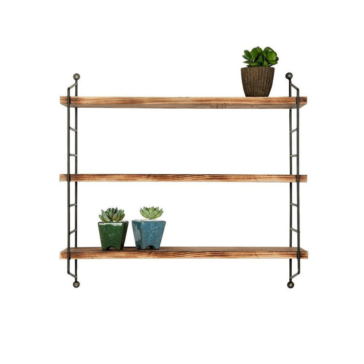 China Iron Wood Shelf Craft 3 Tiers Black Metal Wire Wall Mounted Storage Floating Shelf Rack For Display