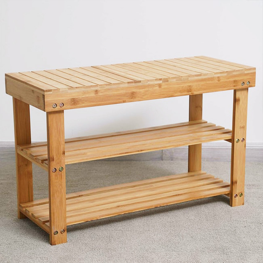 Wholesale Renewable Bamboo Wooden 3 Tier Shoe Rack Bench Display Rack Stand Shoe Rack Bench