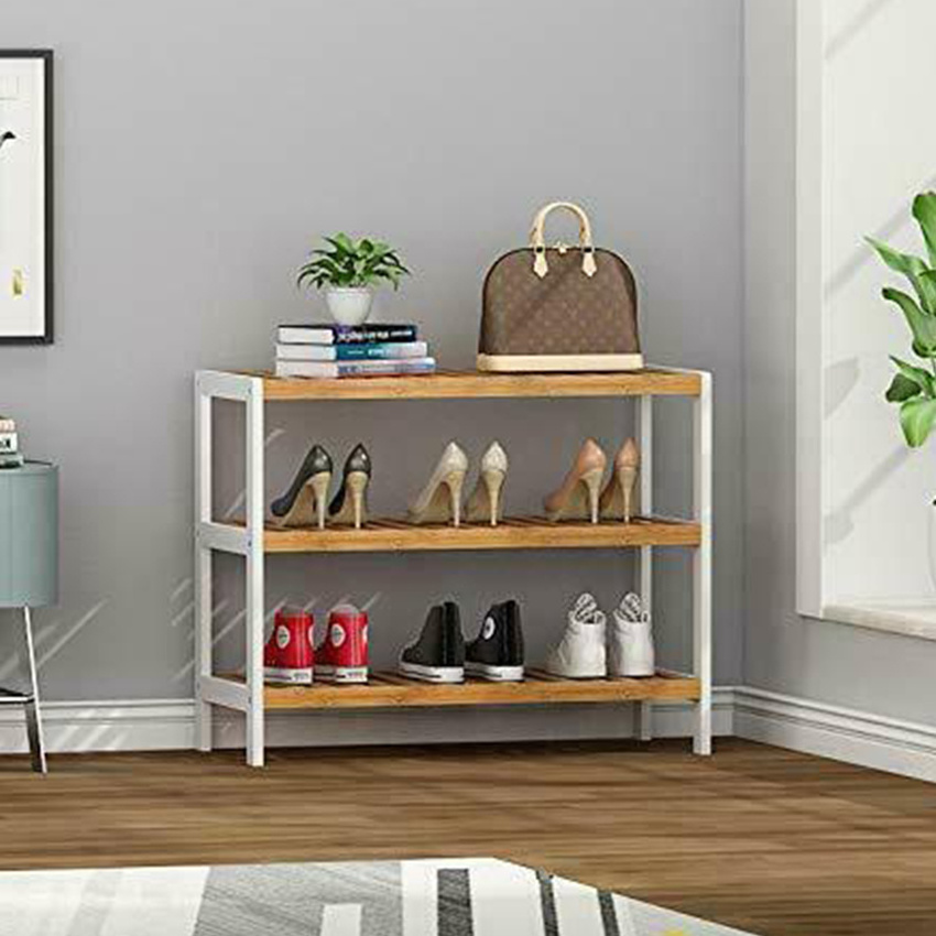 Modern Wholesale Renewable Bamboo Wooden 3 Tier Shoe Shelve Display Rack Stand Folding Shoe Rack Display Stand