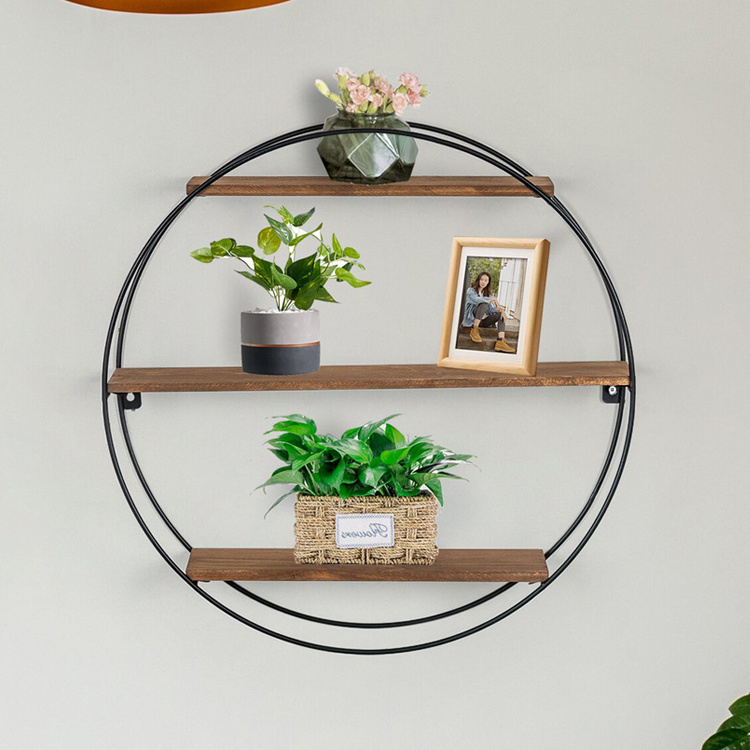 Nordic Living Room Furniture Mounted Floating Round Wall Shelves Storage Wood and Metal Circular Wall Shelf