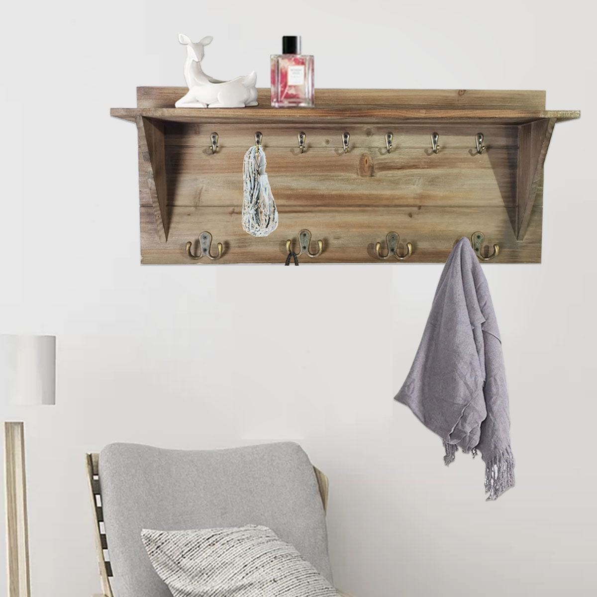 Floating Frame Wooden Metal Wall Mounted Shower Shelf Stable Wood Wall Mounted Shelf With Hooks